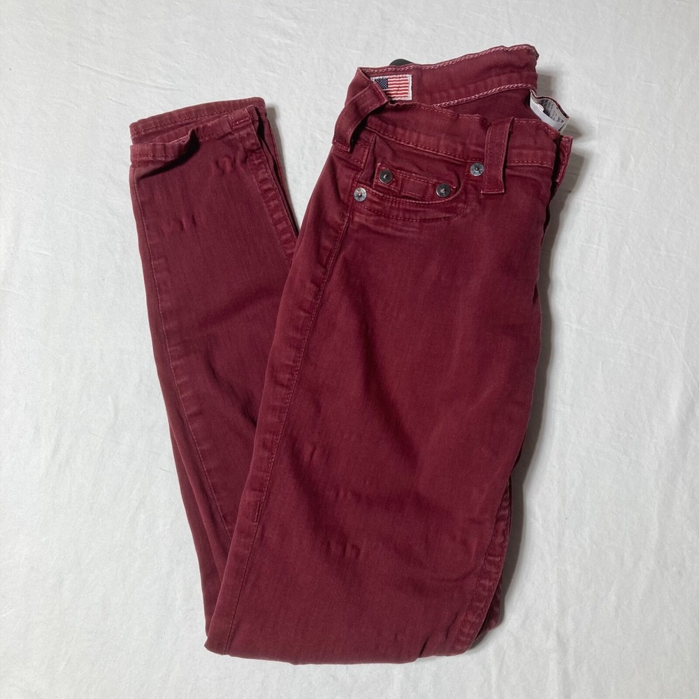 True Religion Jeans Women 28X31 Denim Skinny Maroon Slim Low Rise‎ Made in USA